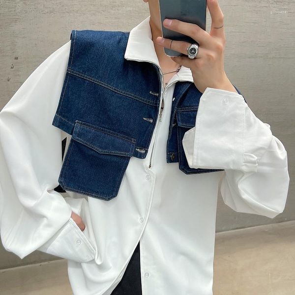 Мужские жилеты 2023 Корейская модная техническая техника винтажная джинсовая жилетка мужчина хараджуку панк хип -хоп матч рубашка рубашка рука