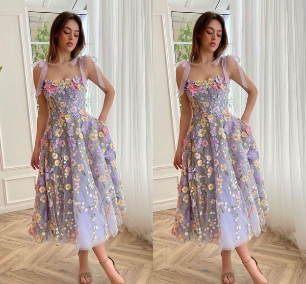 Ballkleider in Übergröße, A-Linie, lang, für Damen, trägerlos, Spaghettiträger, handgefertigte Blumen, Teelänge, drapierte Falten, formelles Kleid, Abendparty, Geburtstagskleider