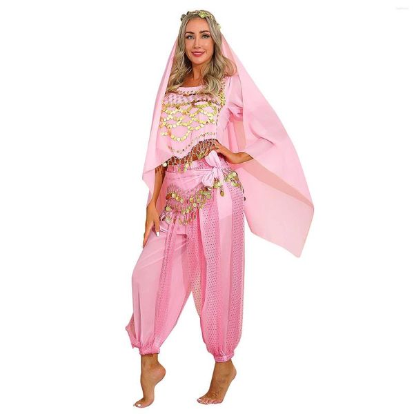 Abbigliamento da palcoscenico Costume da esibizione di danza del ventre da donna Costume da ballo con paillettes manica corta a sbuffo di danza del ventre con pantaloni Harem Sciarpa all'anca Foulard