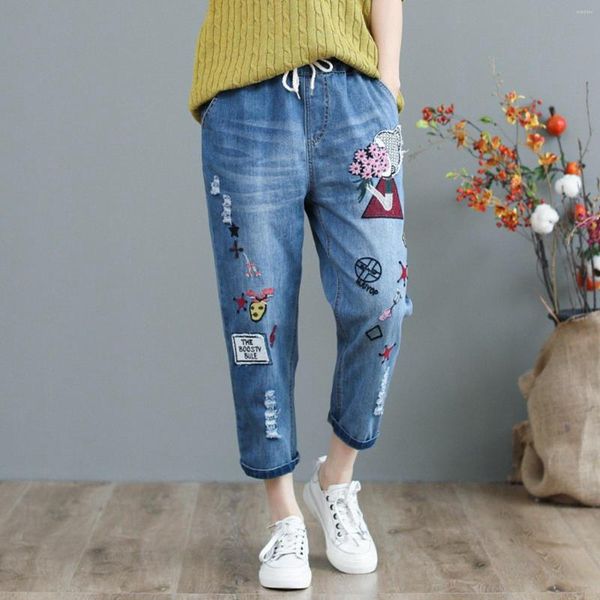 Aktive Hose für Damen, lässig, bequem, literarische Stickerei, elastisch, hohe Taille, schneidende Jeans, Denim-Strick-Leggings