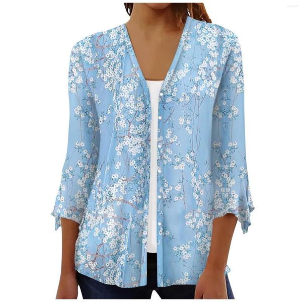 Magliette da donna Camicia da donna alla moda Camicia da donna a maniche lunghe allentata a maniche lunghe con stampa floreale a tre quarti