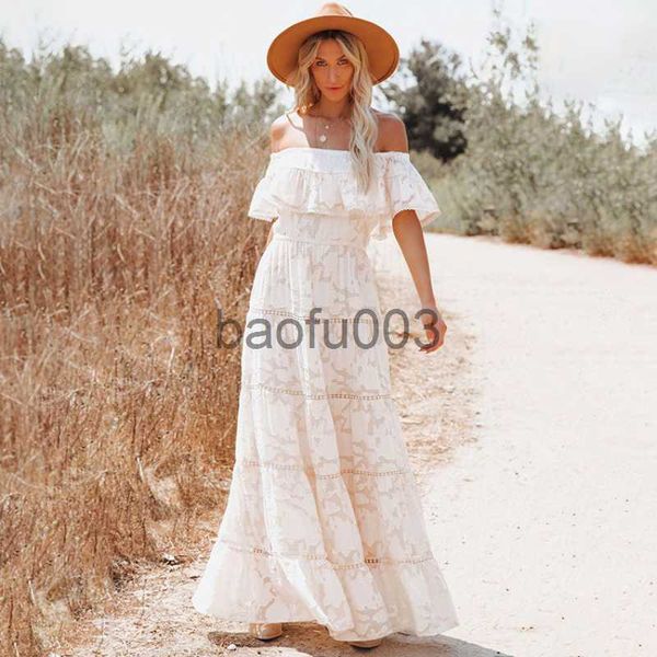 Vestidos Casuais Happie Queens Vintage Renda Oca Praia Bohemian Maxi Vestidos Robe Kaftan Elegante Lady Off Shoulder Boho Dress Vestidos J230619