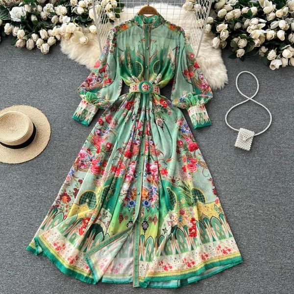 Casual Kleider Drucken Sommer Urlaub Strand Chiffon Flowy Kleid Schärpen Frauen Stehkragen Laterne Hülse Floral Boho Lange Für