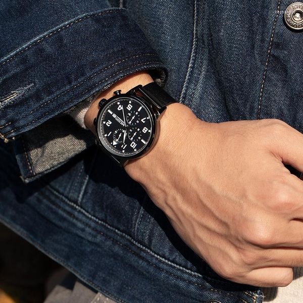 Orologi da polso 2023 Relogio Masculino MEGIR Orologi da uomo casual da uomo di moda Orologio da polso al quarzo con cinturino in maglia di acciaio inossidabile da uomo nero