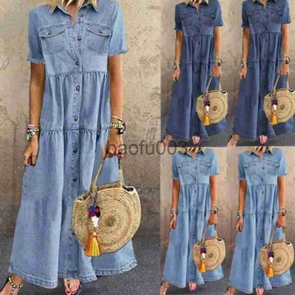 Günlük elbiseler kadınlar yaz sonbahar denim uzun elbiseler retro düğme cepleri kot pantolon maxi elbise bayanlar rahat elbiseler j230619