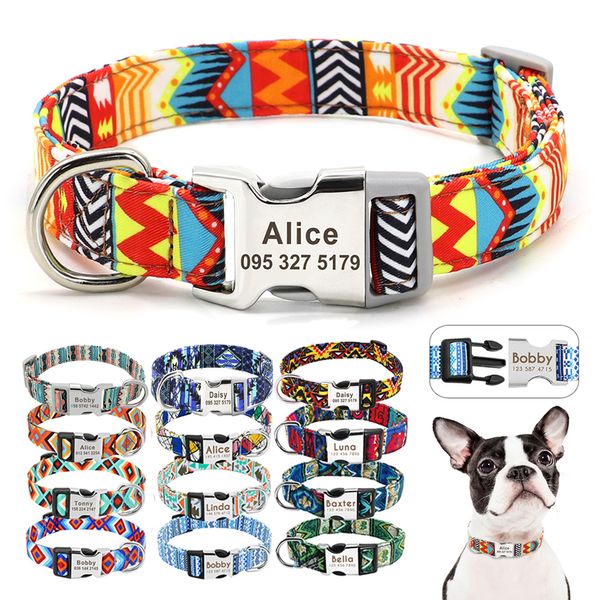 Coleiras para cães coleiras de nylon ajustáveis personalizadas para cães identificação de gato com nome gravado fivela antiperda para pequeno médio grande 230619