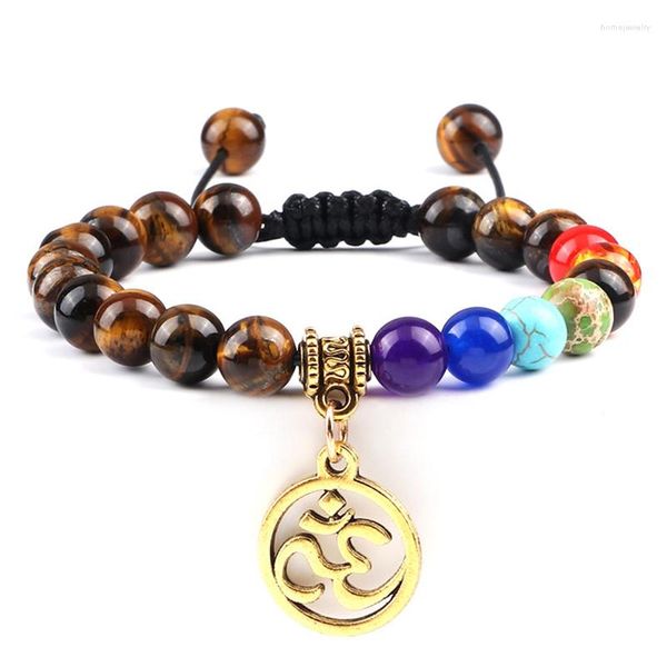 Braccialetto intrecciato fatto a mano Fascino Preghiera Reiki 7 Chakra Perline Occhio di tigre Lava Pietra naturale Simbolo OM Bracciali Uomo Donna Gioielli