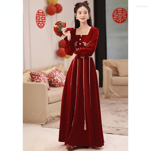 Ethnische Kleidung Langarm Braut Toast Traditionelles chinesisches Hochzeits-Cheongsam-Kleid Weibliches orientalisches Vintage-Abend-Qipao