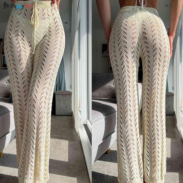 Maiô Feminino Sexy com Rede de Crochê Lace Up Cordão Oco Malha Calça de Perna Larga Europeia Casual Calça de Cobertura de Praia