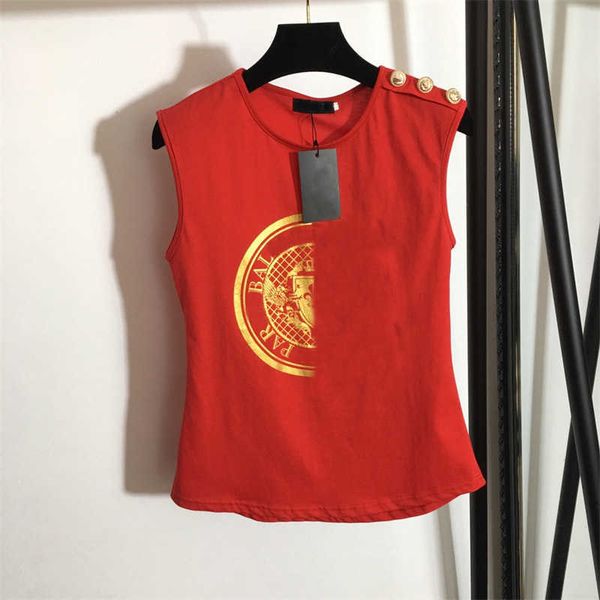 Designer-T-Shirt für Damen, reiner Baumwollstoff, Foliendruck, Rundhalsausschnitt, Metall-Schulterknopf, ärmelloses T-Shirt, kleines Tanktop, 3 Farben, 3 Größen, Damenoberteile