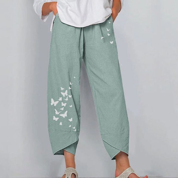Calças de linho de verão vintage femininas calças harém casuais estampadas florais cintura elástica calças largas femininas calças largas mais