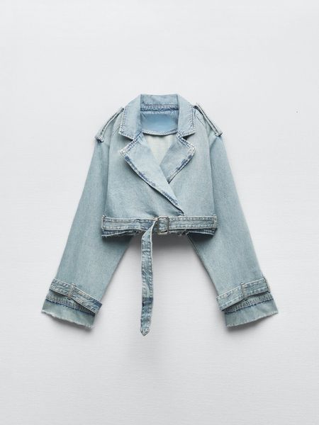 Trench Coats Feminino RR3191 Trf Denim Cropped Coat For Women Oversized Short Jackets Ladies Long Sleeve 230619