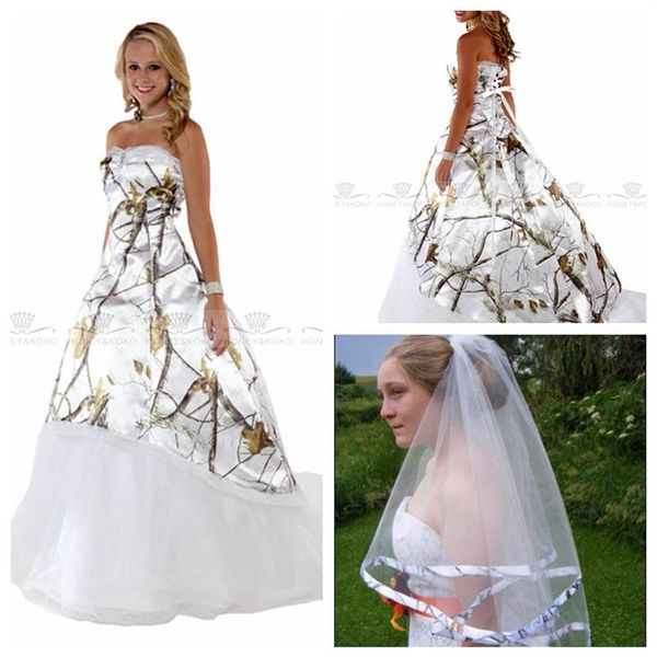Sweetheart Camo White Real Tree A-Line Wedding Dresses 2018 Com Véu Vestidos de Noiva Lace Up Back Custom Camouflage Vestidos De Wedd2778