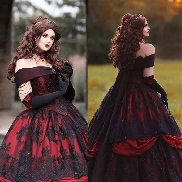 Gothic Belle Rot Schwarz Gehobene Fantasy-Hochzeitskleider Kleid Spitzenapplikation Freiliegendes Korsett Spitzenapplikation mit Perlenstickerei Viktorianisch ma246P