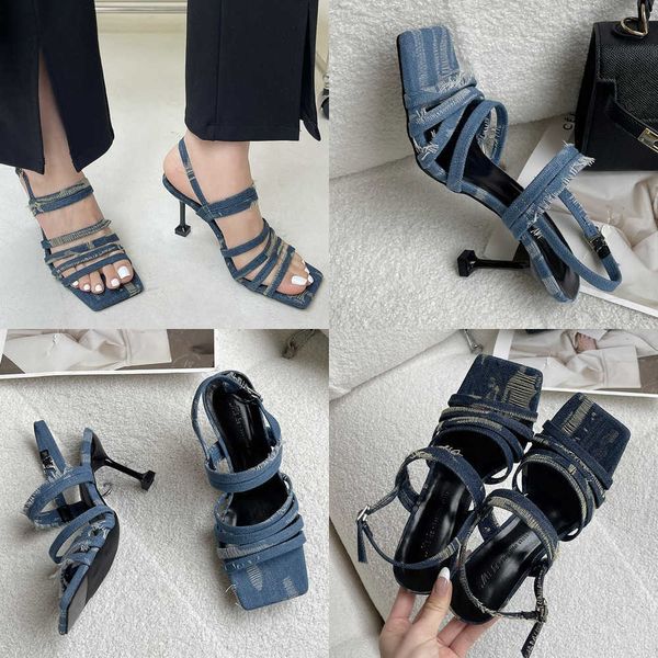 Yaz Sandalet Pompaları Zarif Kadın Topuklu Ayakkabılar Yeni Kare Toe Moda Denim Kadın İnce Yüksek Topuklu Bayanlar Ayakkabı 230511
