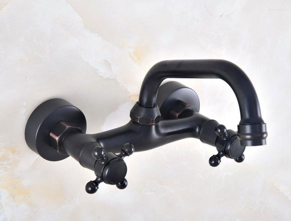 Rubinetti per lavabo da bagno Bronzo lucidato a olio Doppio foro per maniglia Beccuccio girevole Rubinetto per cucina Rubinetto Miscelatore per acqua fredda e fredda Dnf811