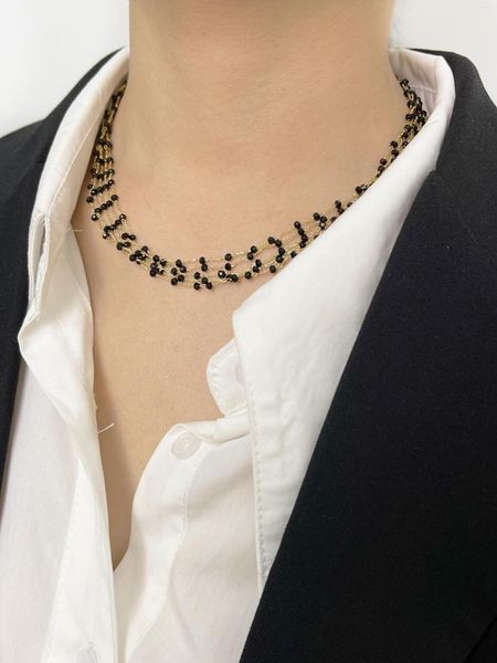 Ketten Monlansher Wunderschöne mehrsträngige Choker-Halskette mit schwarzen Facted-Perlen für Frauen, handgefertigte, zierliche, mit Rocailles besetzte Spitzenhalsketten-Collier