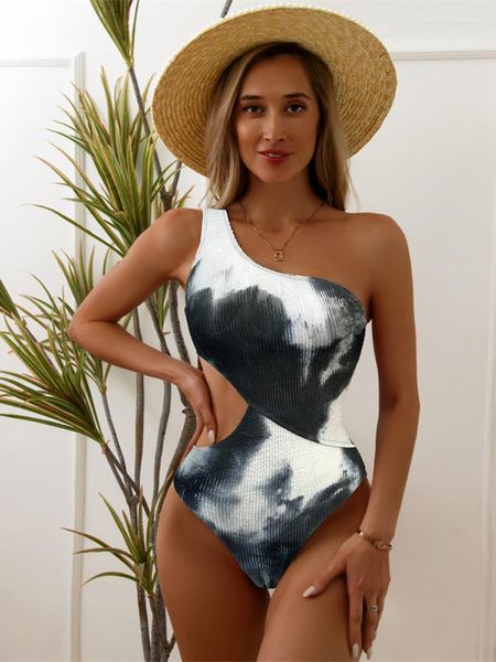 Costumi da bagno da donna Costumi da bagno monospalla sexy da donna 2023 Costume da bagno intero senza schienale con controllo della pancia Tinta unita a righe per le vacanze al mare Nuotata