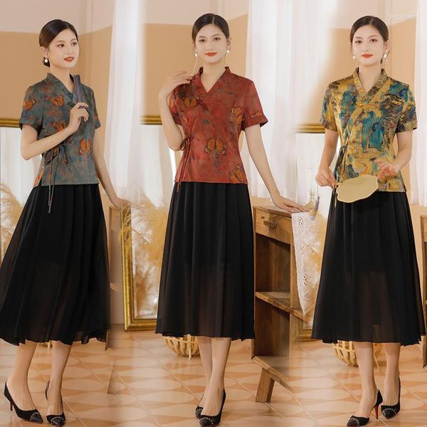 Ethnische Kleidung 2023 Chinesische traditionelle Seidenhemd Frauen Sommer kurze Ärmel Bluse Dame National Hanfu Tops Plus Größe M bis 5XL