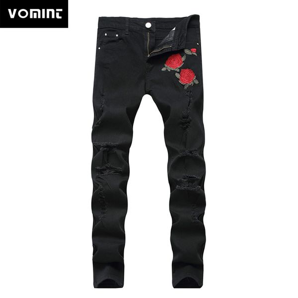 Jeans masculino VOMINT Jeans preto rasgado com bordados masculinos com flores bordados em rosa Jeans masculinos jeans skinny elásticos 230619