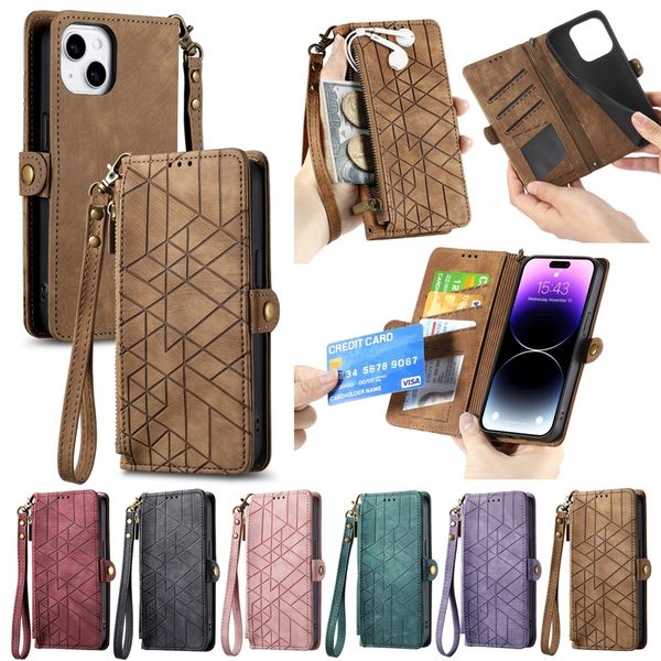 Custodie a portafoglio in pelle con geometria con cerniera per Iphone 15 14 Pro Max Plus 13 12 11 X XR XS 8 7 6 Tasca per slot per schede in pelle PU retrò magnetica morbida TPU per telefono Flip Cover Borsa a tracolla