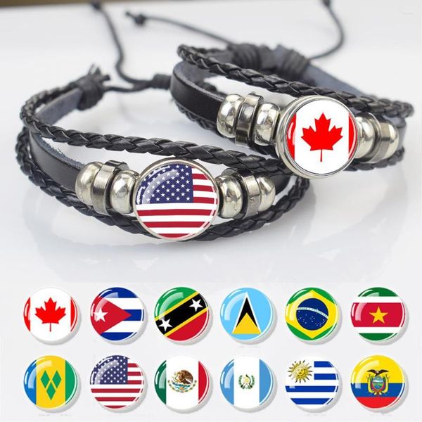 Charm Bracelets Esspoc Steampunk Luminous Bracelet Handwoven Black Leather Bangles National Country Flags Glass Cabochon Drop