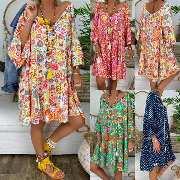 Vestidos Casuais Básicos Verão Feminino Sexy Boho Estampa Floral Manga Longa Vestido em V Profundo Solto Camisa de Praia Feminina Pulôver Mini 230619