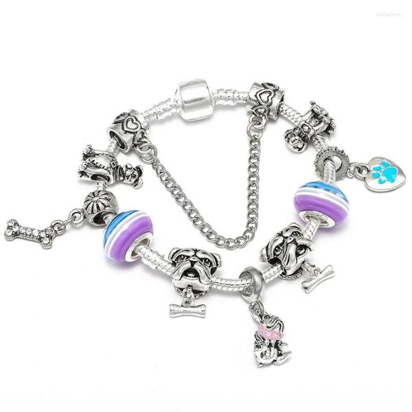 Charm Bracelets Seialoy Pug And Bones Para Mulheres Homens Original Listrado Cristal Frisado Coração Pingente Cachorro Pulseira Pulseira Jóias