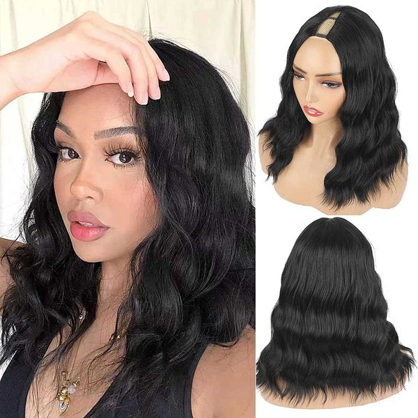 Nxy Hair Wigs 8 16inch Natural Black Synthetic v Part Short Bob Wavy Wig for Women Easy to Wear Heat Resistant Use Daily 230619