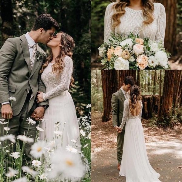 2022 Strand Bohemian Brautkleider sexy Rückenfreie Langarm Country Boho Bridal -Kleider Plus Größe maßgeschneidertes Hochzeitskleid BC1704289H