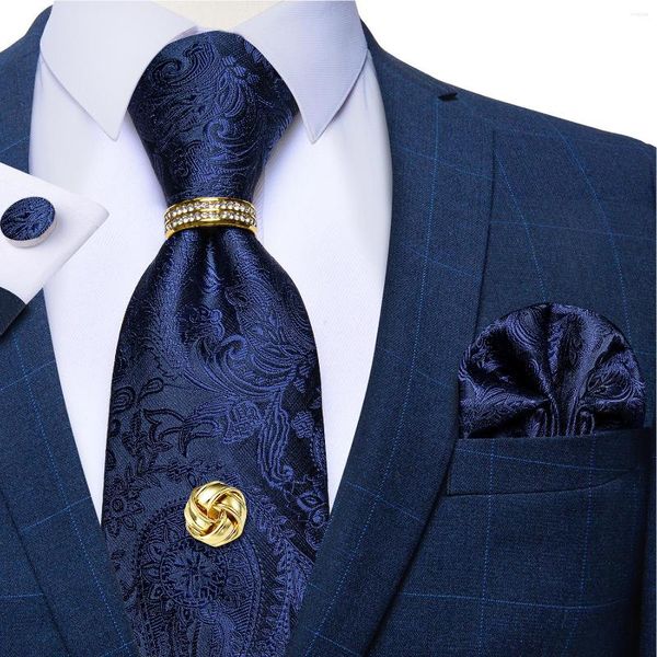 Papillon Designer di lusso Blu Paisley Seta per uomo Accessori Fermacravatta in metallo con anello a catena 8cm Regalo per cravatta da sposa