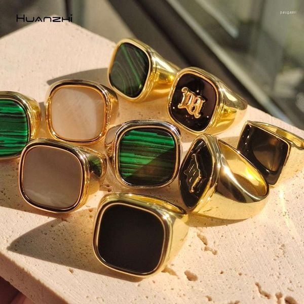 Кластерные кольца Huanzhi 2023 Винтажный мраморная раковина золотой цвет металлический геометрический квадратный кольцо для женщин мужчина для девочек вечеринка туристические ювелирные изделия