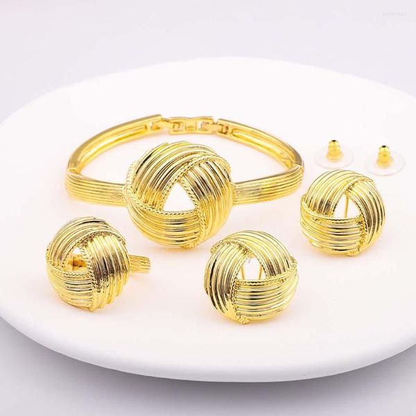 Halskette Ohrringe Set Dubai 24K vergoldetes Kupfer Twisted Weave Armband Armreif Fingerring Ohrring Schmuck nigerianische Frauen Hochzeit