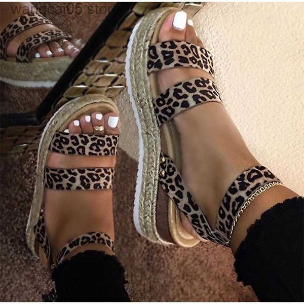 Sandalet Kadın Sandalet Yaz Kadın Leopar Kenevir Alt bayanlar Düz Platform Ayakkabı Yaz Günlük Pu Buckle Strap Sandal Kadın Artı 43 T230619