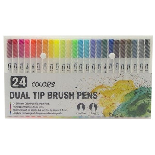 Aquarell-Pinselstifte, 24 Farben, feines Futter, Doppelspitzenpinsel, Filzspitze, Strich, Aquarell-Kunstmarkierung, Schulbedarf 230619