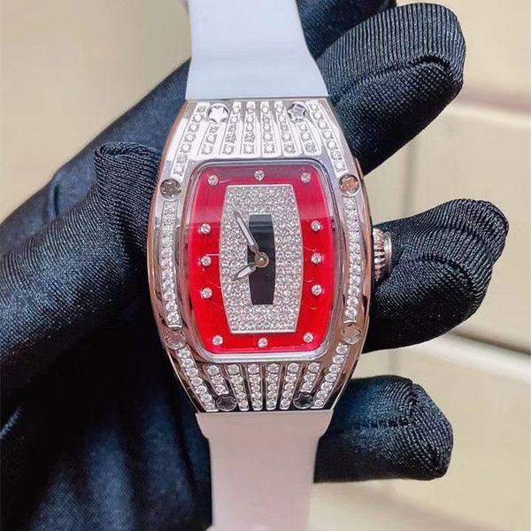 Relógio feminino relógio de quartzo relógio de designer relógio de diamante 316 caixa de aço inoxidável barril de vinho pulseira de silicone vermelho de alta qualidade mostrador oco montre relógio para mulher femme