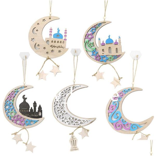 Sonstiges festliches Partyzubehör Eid Alfitr Holzornamente Ramadan Kareem Islamischer Muslim Mondförmige Hängeplakette Schild Drop Delive Dhmvl