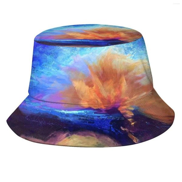 Berets Color Burst Painting von Carrie Lacey Boerio Print Bucket Hats Sun Cap Blue Orange Original Abstract