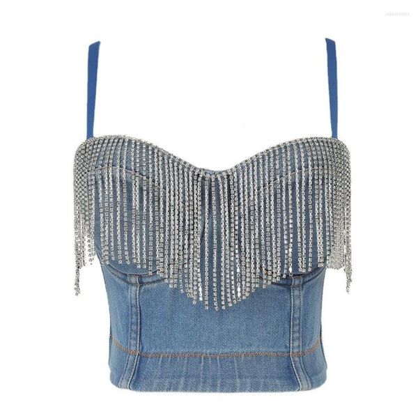 Damen Tanks Damen Quaste Strass Denim Bustier Korsett Crop Top Jean BH Sexy Spaghettiträger Glitzer gewaschen Camisole Weste