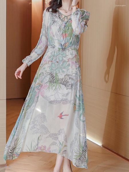 Повседневные платья 2023 Весеннее осенние цветочные макси -платья корейская мода с длинным рукавом женская одежда Bodycon Элегантная халата Boho Beach Vestidos