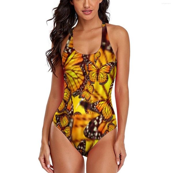 Damen-Badebekleidung, gelber Schmetterlings-Badeanzug, sexy abstrakter Tierdruck, einteiliger Push-Up-Badeanzug, eleganter Monokini, Geburtstagsgeschenk