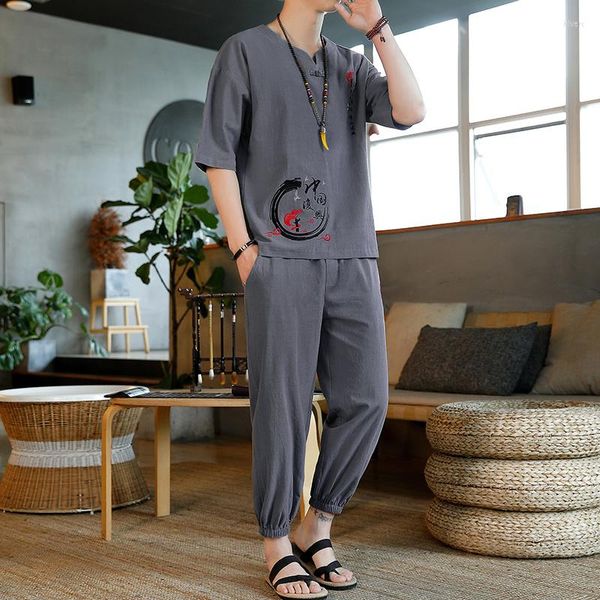 Fatos de treino masculino Tang Suit Men Zen Shirts Calças Uniforme Tee Tops Medieval Viking Estilo Chinês Casual T-shirt Calças