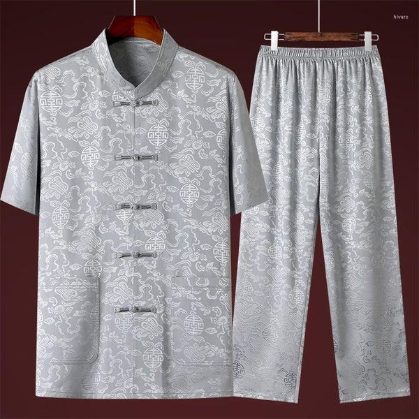 Agasalhos masculinos estilo chinês Causal Tang Suit Cetim Manga curta T-shirts Soltas Traje nacional de verão Camisas superiores Conjunto de calças para