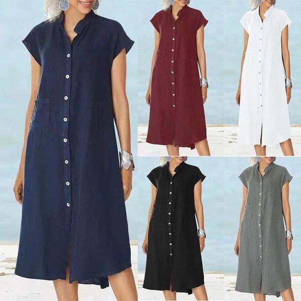 Vestidos casuais básicos femininos abotoados de linho de algodão vestido solto com bolso feminino camisa sólida com botões 230619