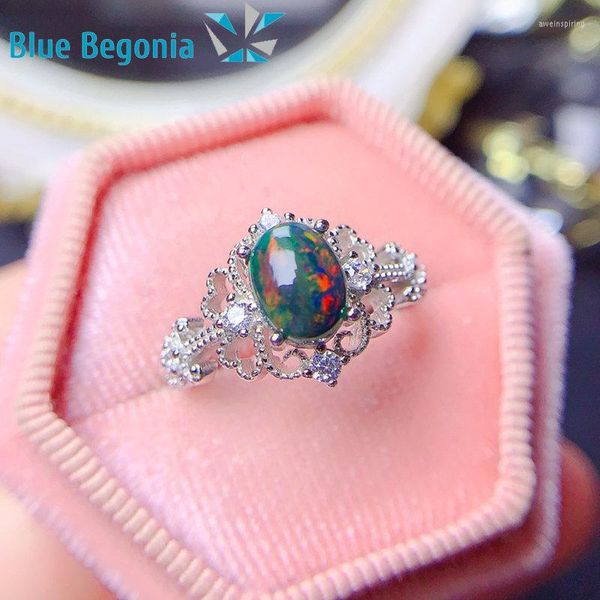 Cluster Rings Natural Black Opal Ring 925 Sterling Silver Jewelry For Women Wedding Noivado Gift Oval 6 8MM Pedra Preciosa