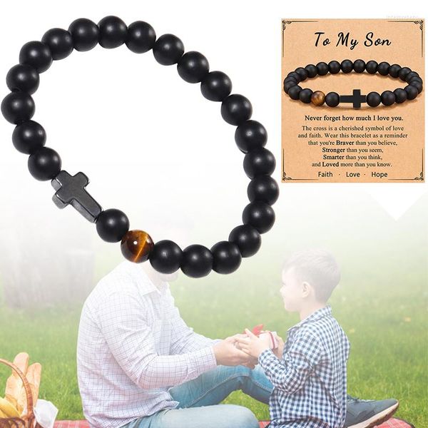 Charm Bracelets Dear Dad Tiger Eye Stone Bracelet For Daddy Gift Men's Matte Black Frisado Jóias Aniversário Presentes de Natal