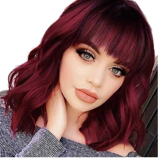 Nxy Hair Wigs 8 14 -дюймовый синтетический бордовый короткий кудрявый боб с челкой для плеча вино красное для женщин 230619