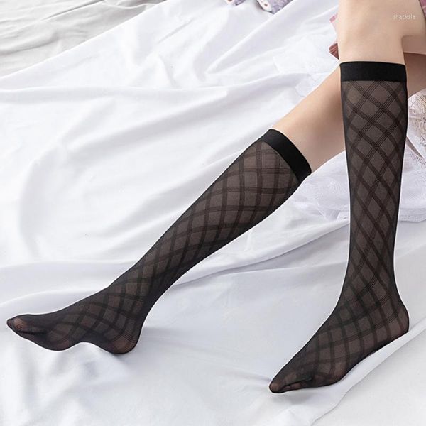 Kadınlar SOCKS Siyah Dantel Çorap With Juk Japon Moda Sevimli Kız İpek Diz Yüksek Ağ Şeffaf Çoraplar Medias De Mujer