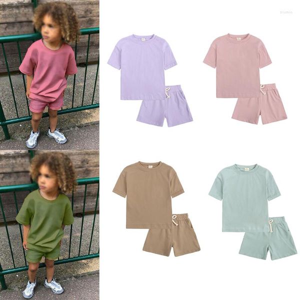 Vestidos de menina 2 pçs conjuntos infantis roupas de treino para crianças verão sólido bebê meninos roupas esportivas roupas camisetas shorts conjunto para meninas pequenas