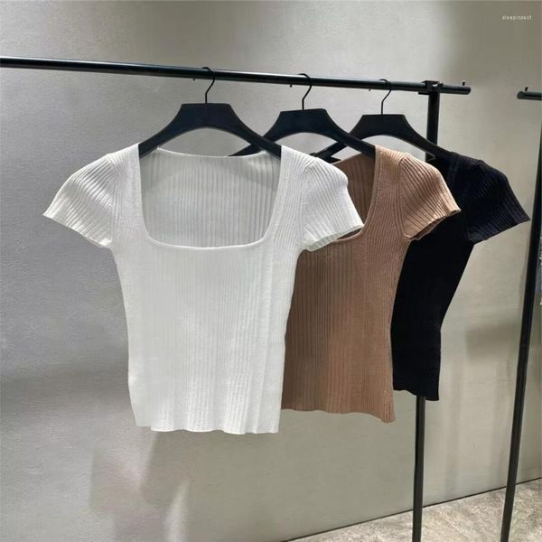 Frauen Blusen 2023 Sommer Low Square Neck Thread Baumwolle Kurzarm Gestrickte T-shirt Sexy Slim Fit Weiß Top